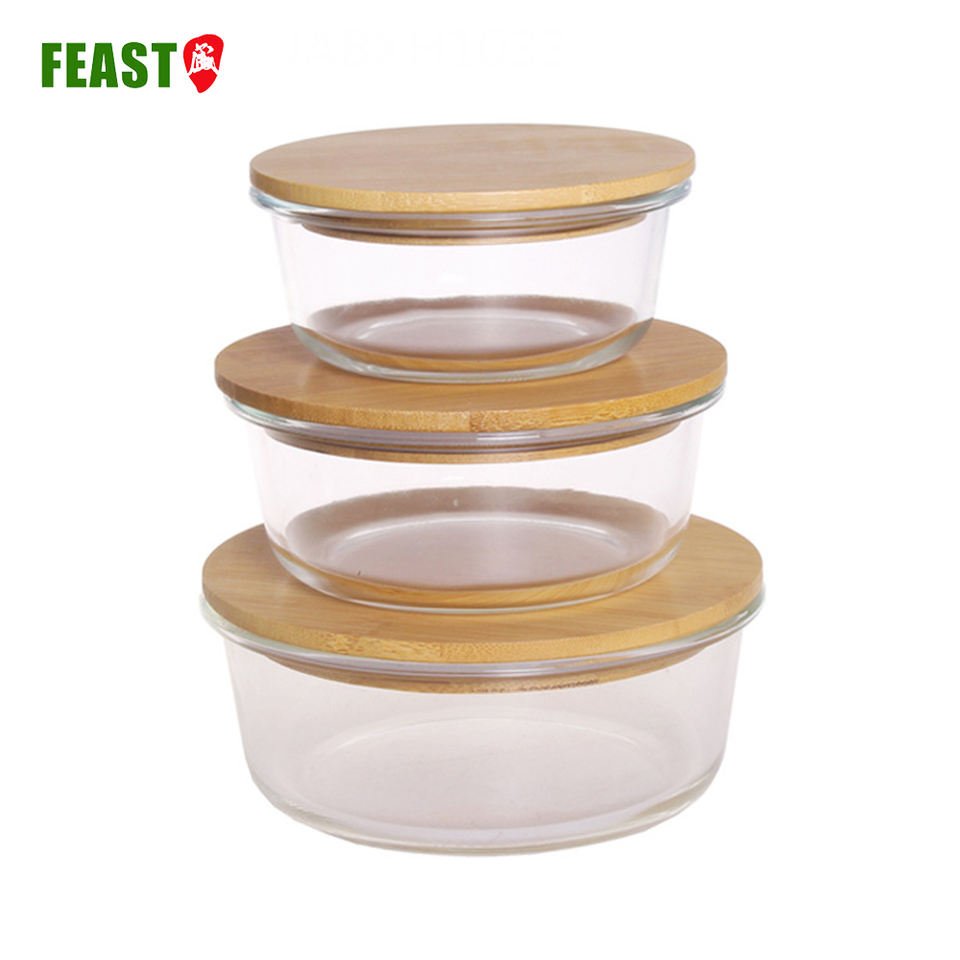 Wholesale Glass Food Storage Container Set With Airtight Leak-proof Bamboo Wood Lid For Oven Microwave