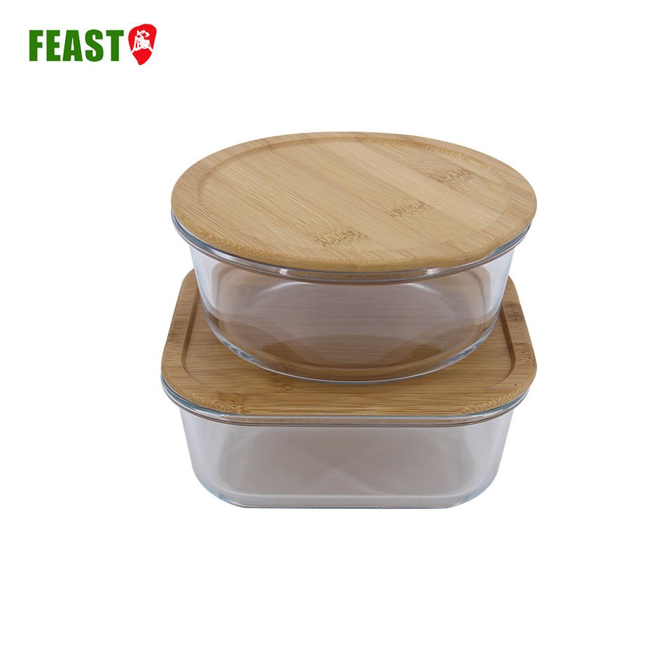 Wholesale Glass Food Storage Container Set With Airtight Leak-proof Bamboo Wood Lid For Oven Microwave