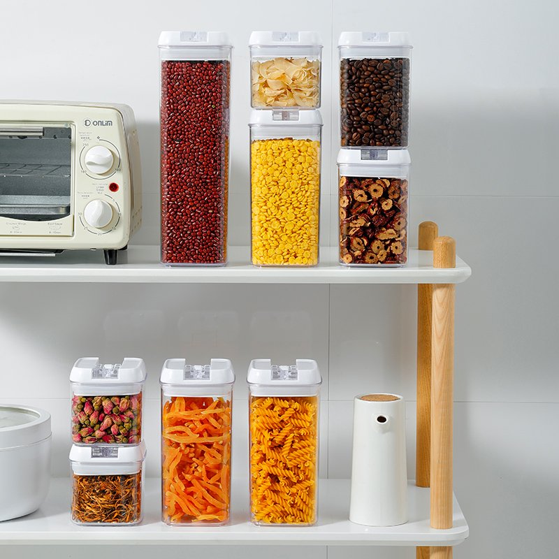 Stackable custom fridge food grade BPA free plastic organizer glass grain storage boxes set dry food jar airtight container