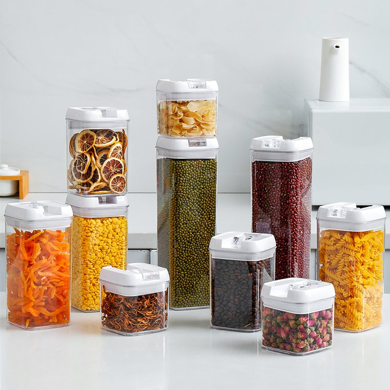 Stackable custom fridge food grade BPA free plastic organizer glass grain storage boxes set dry food jar airtight container