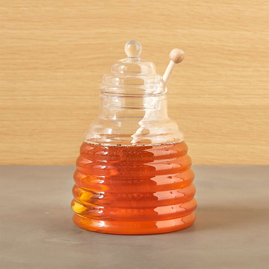 Handcrafted Clear Borosilicate Beehive Glass Honey Jar with wood Honey Dipper