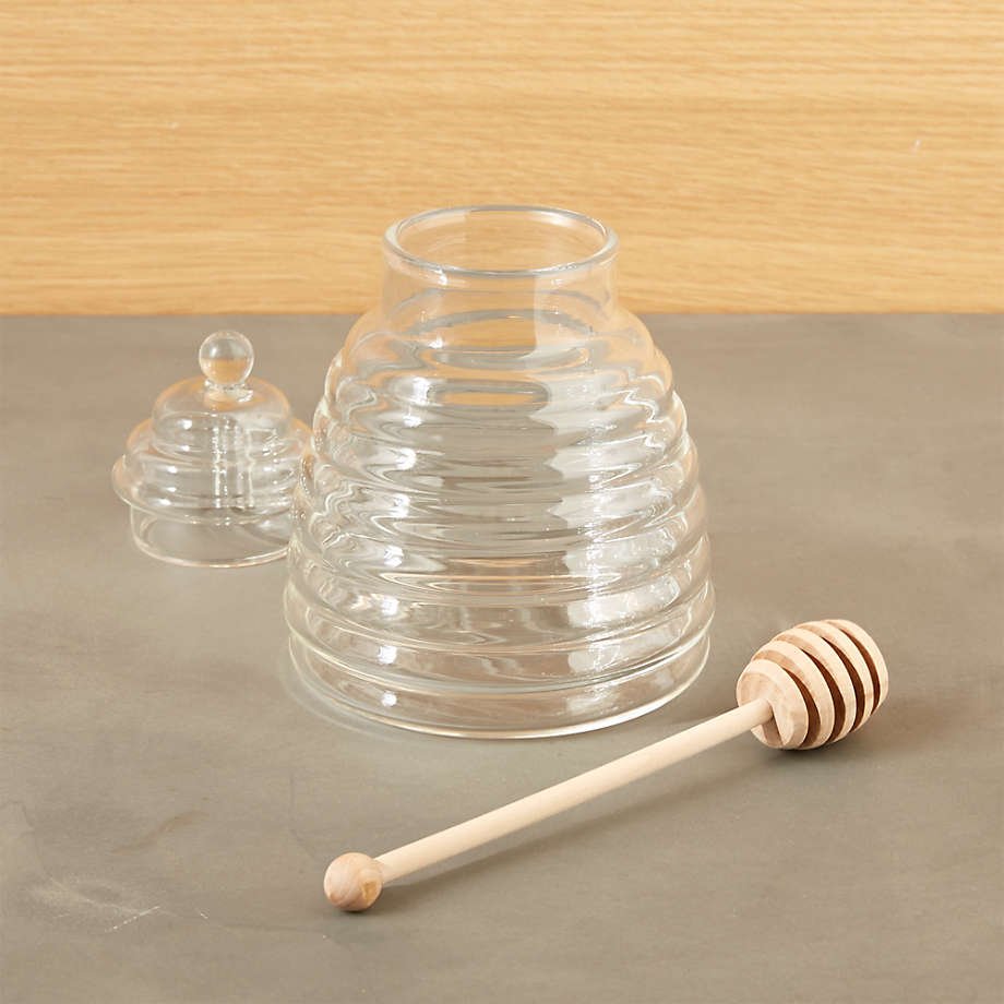 Handcrafted Clear Borosilicate Beehive Glass Honey Jar with wood Honey Dipper