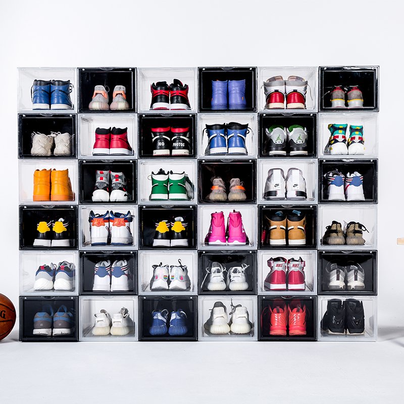 Hot Selling Transparent Rectangle Shoe Box Drop Front plastic shoe storage box with magnetic door