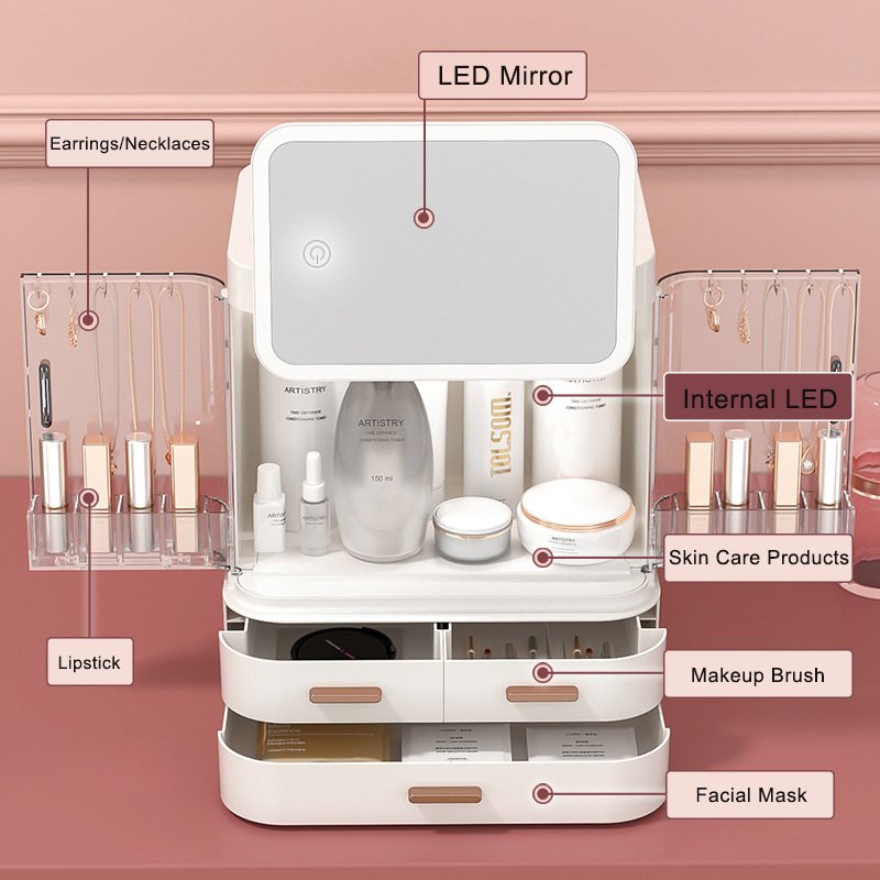 Fashion Big Capacity Cosmetic Organizer Storage Box 360 Degree Rotating LED Mirror Desktop Jewelry Makeup Cosmetic Storage Box