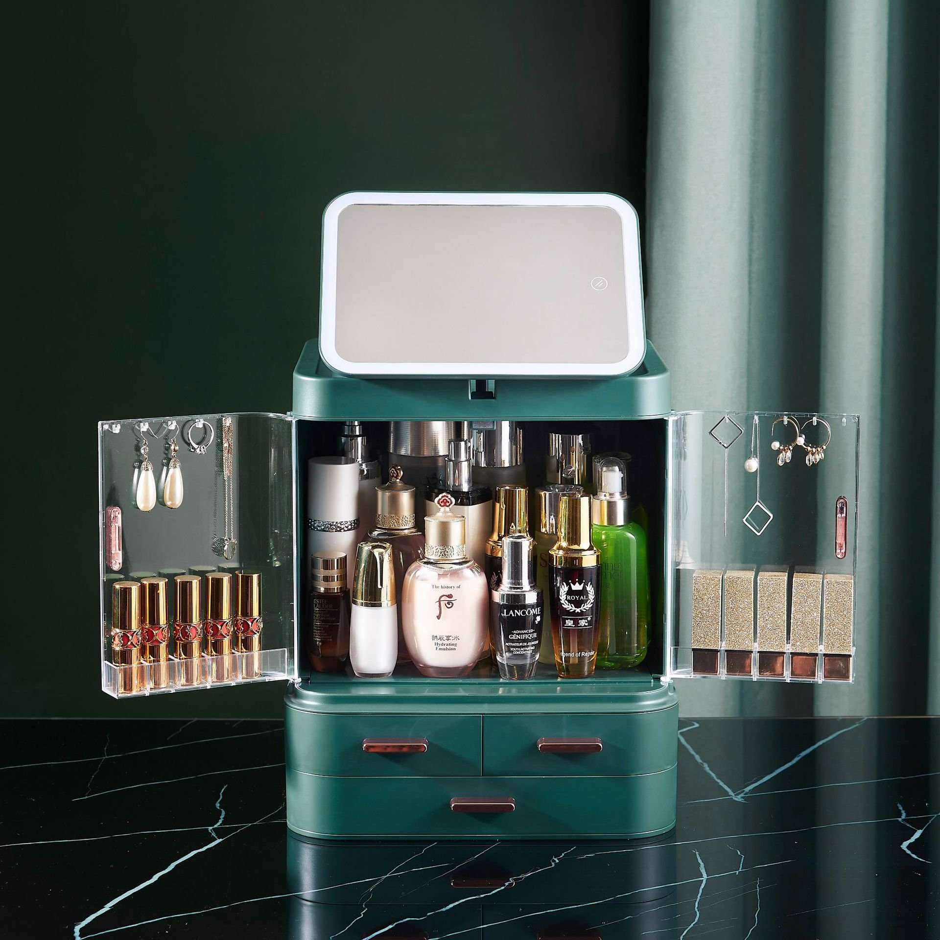 Fashion Big Capacity Cosmetic Organizer Storage Box 360 Degree Rotating LED Mirror Desktop Jewelry Makeup Cosmetic Storage Box