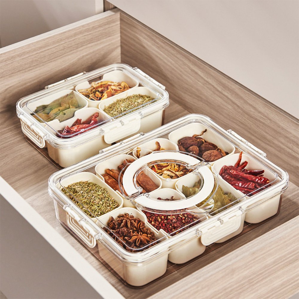 Kitchen Sealed Spice Storage Box Food Grade 8-Grid Clear Seasoning Box with Handle