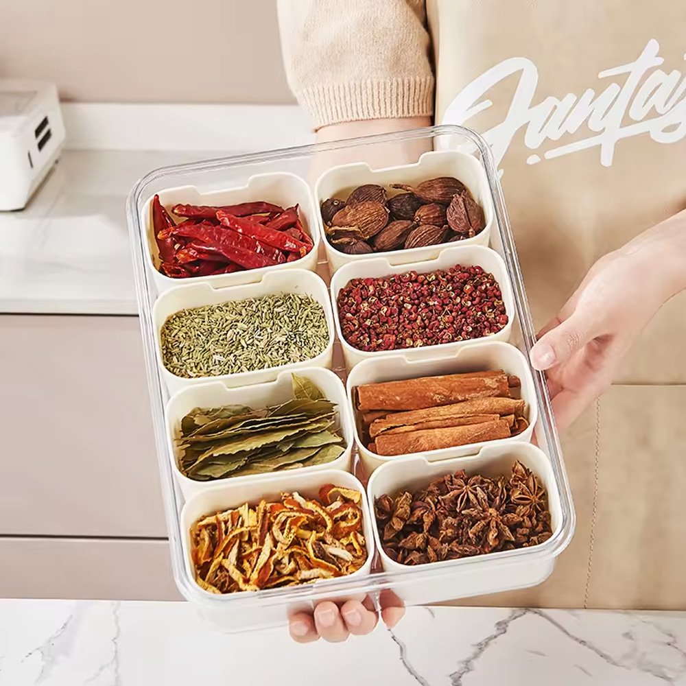 Kitchen Sealed Spice Storage Box Food Grade 8-Grid Clear Seasoning Box with Handle