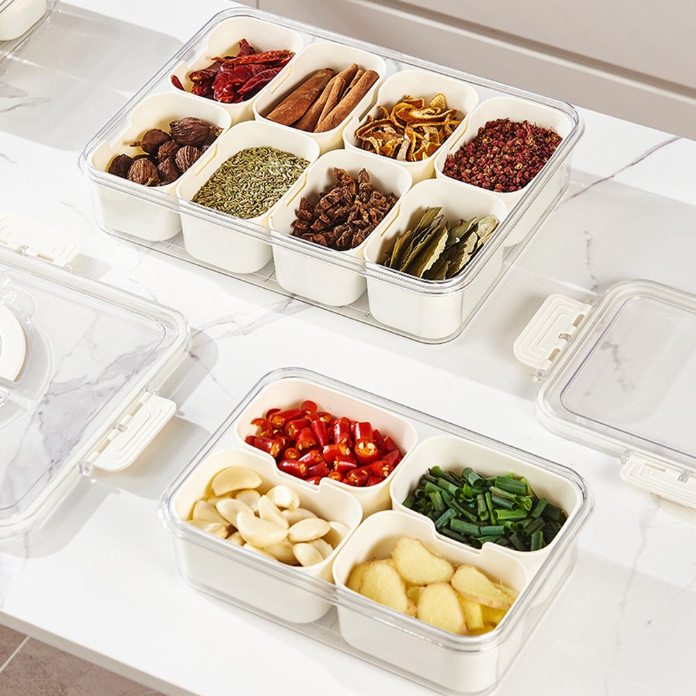 Kitchen Sealed Spice Storage Box Food Grade 8-Grid Clear Seasoning Box with Handle