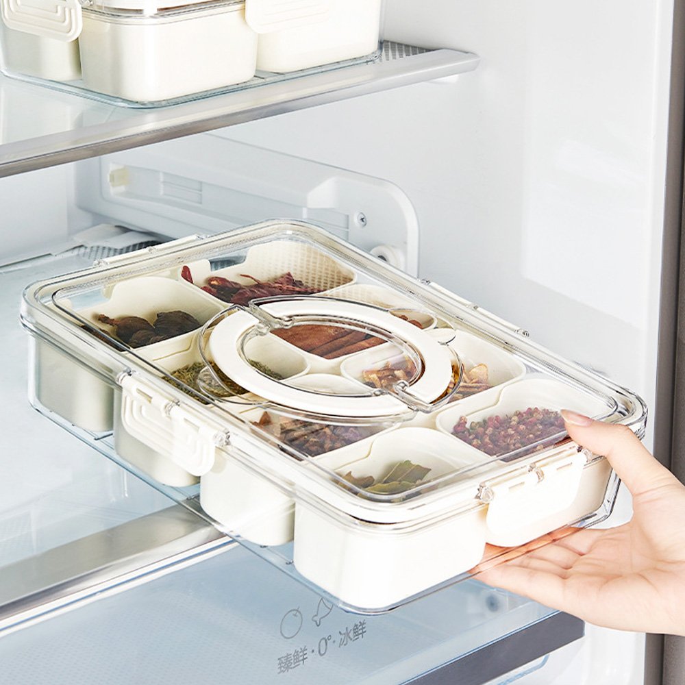 Kitchen Sealed Spice Storage Box Food Grade 8-Grid Clear Seasoning Box with Handle