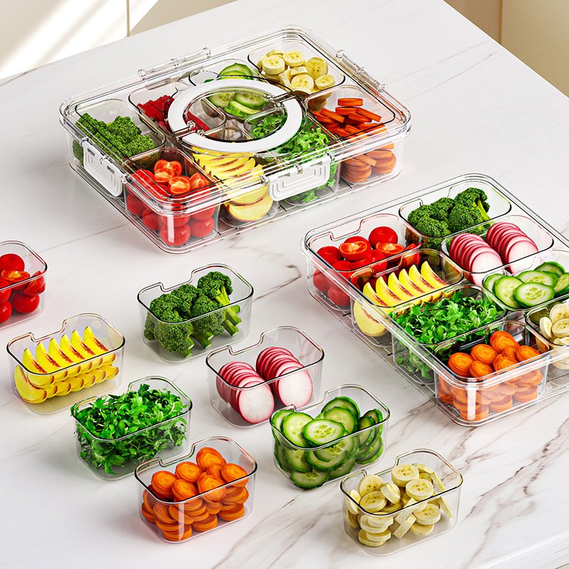Divided Serving Tray Transparent Snack Plastic compartmented Sealed against odor food storage box with Lid and Handle for Fridge