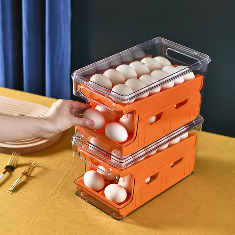 24-Egg Automatic Rolling Organizer with Lid Easy-to-Take Plastic Egg Storage Container for Food Refrigerator Use