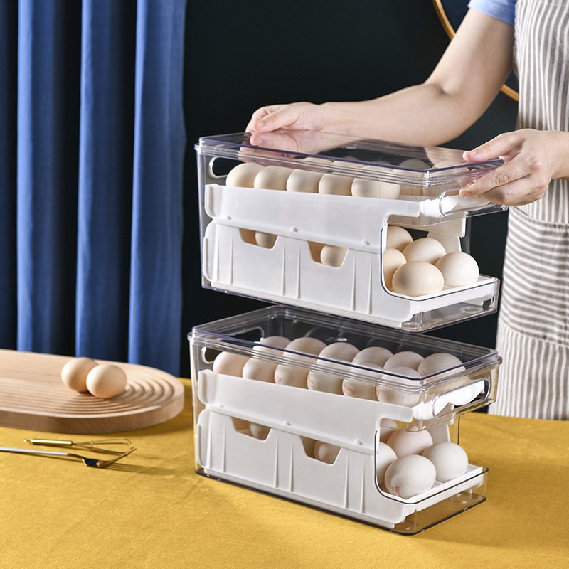 24-Egg Automatic Rolling Organizer with Lid Easy-to-Take Plastic Egg Storage Container for Food Refrigerator Use