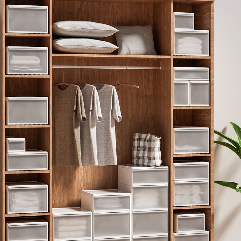 Wholesale High quality multi-size Stackable drawer storage box wardrobe clothes small storage box office plastic storage box