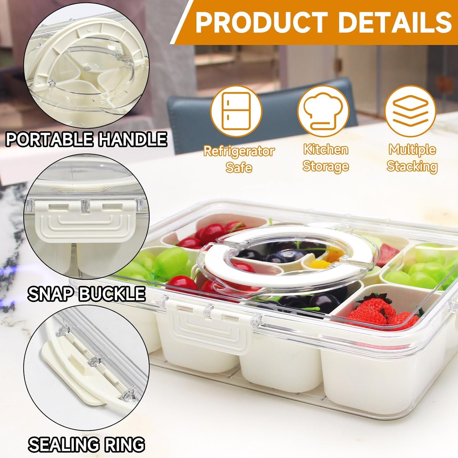 8 Compartment Food Storage Box Snack Candy Fruit Nuts Appetizer Tray Divided Serving Tray with Lid