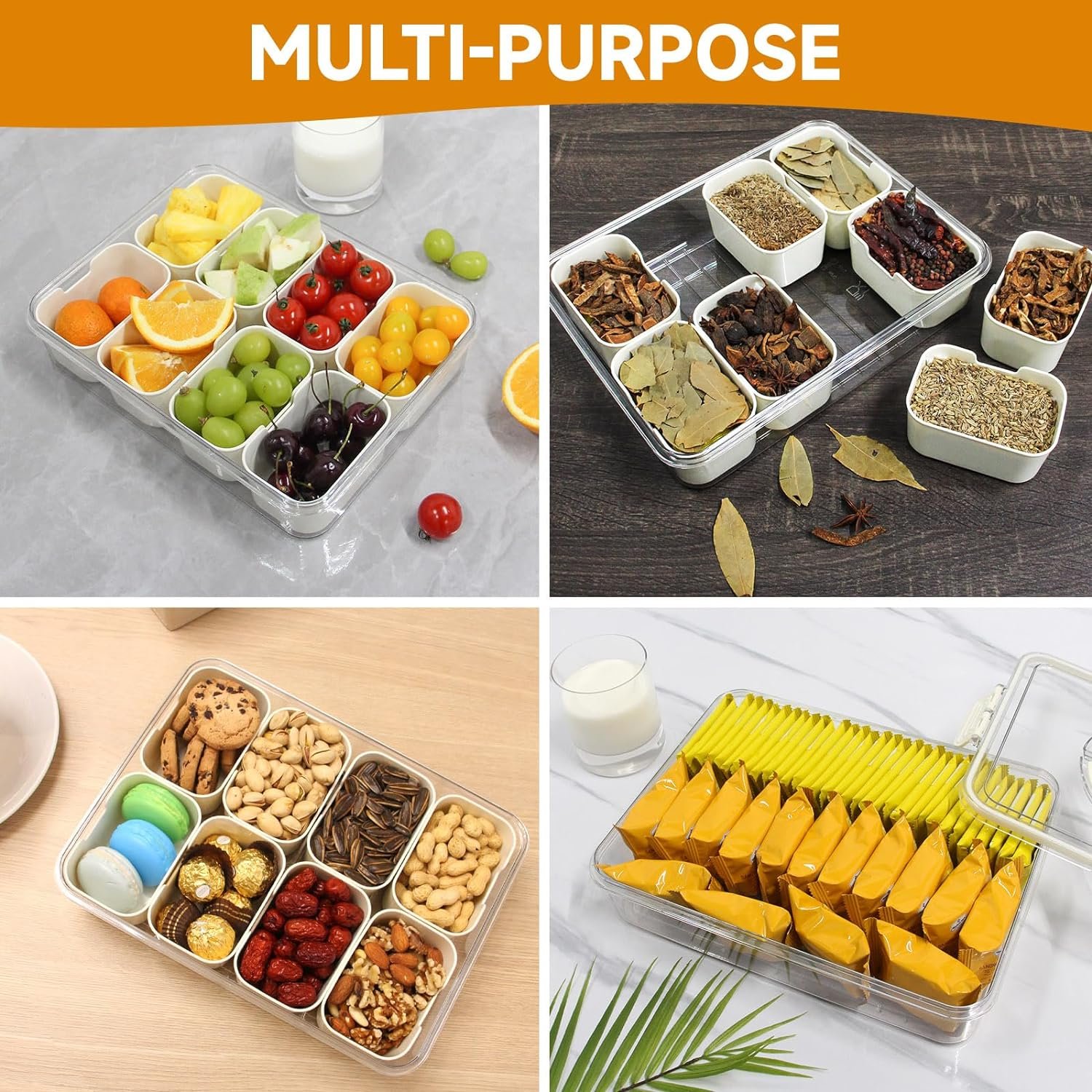 8 Compartment Food Storage Box Snack Candy Fruit Nuts Appetizer Tray Divided Serving Tray with Lid