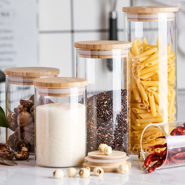 round glass storage jar with bamboo lid Kitchen glass spice jar with wooden lid clear tube shaped glass borosilicate jar