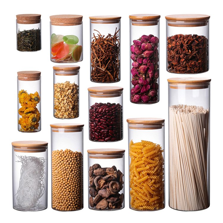 round glass storage jar with bamboo lid Kitchen glass spice jar with wooden lid clear tube shaped glass borosilicate jar
