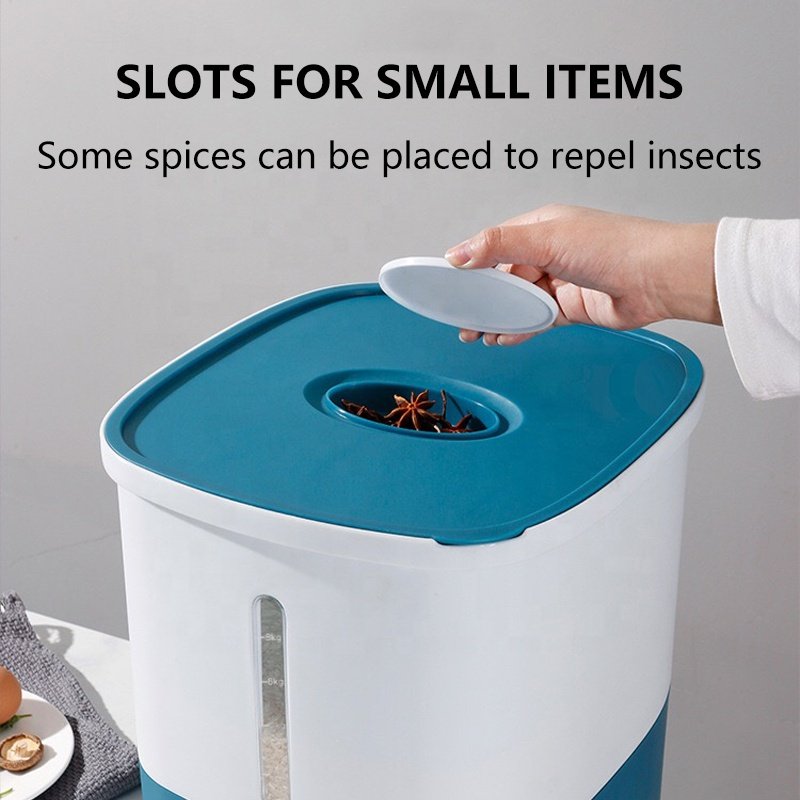 Big Automatic Press Type 10kg Plastic Food Grain Storage Containers Rice Bucket Dispenser Storage Box With Lid Measuring Cup