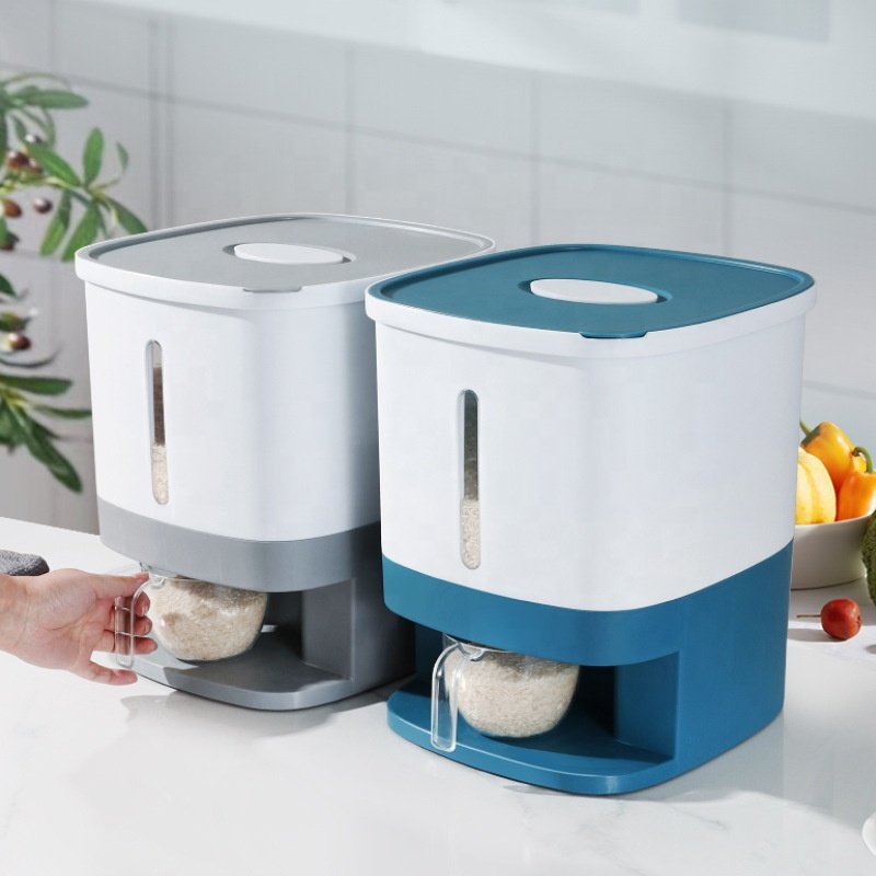 Big Automatic Press Type 10kg Plastic Food Grain Storage Containers Rice Bucket Dispenser Storage Box With Lid Measuring Cup