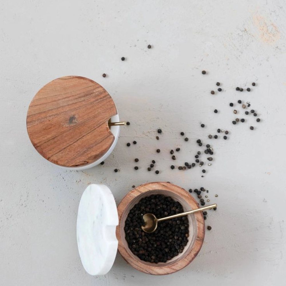 Kitchenware Food Storage and Container Mango Wood Salt and Pepper Set With Marble Lid From Manufacturer In India