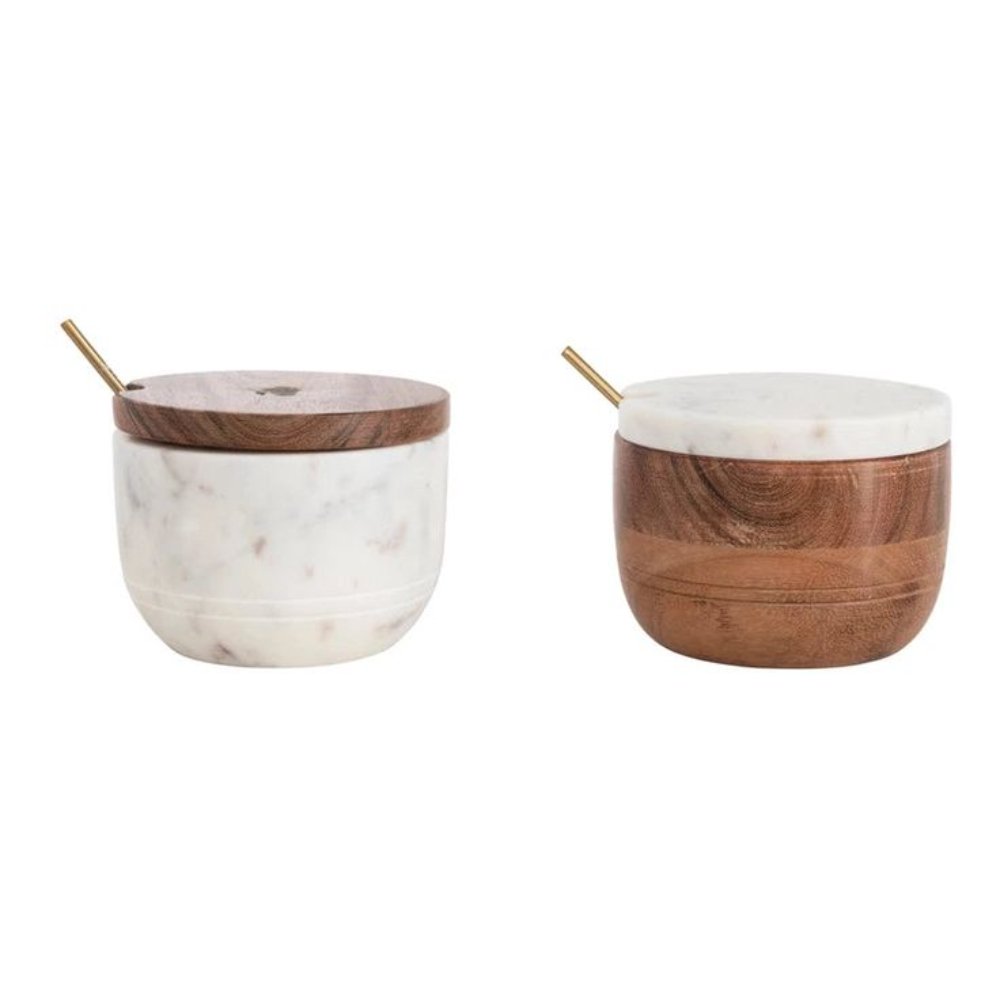 Kitchenware Food Storage and Container Mango Wood Salt and Pepper Set With Marble Lid From Manufacturer In India