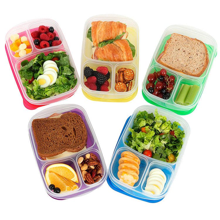 3 Grid Fridge Food Tiffin Lunch Box Portable Disposable Plastic Snack Food Breakfast Storage Containers Set With Lid