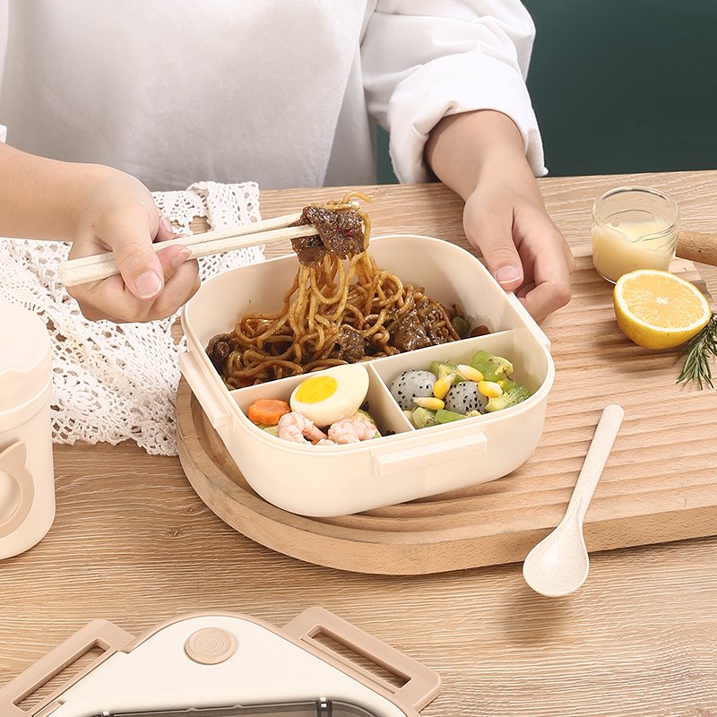 Square pp bento lunch boxes large capacity 1300ml food storage container with kitchen utensils