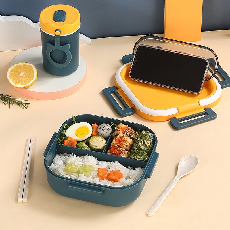 Square pp bento lunch boxes large capacity 1300ml food storage container with kitchen utensils