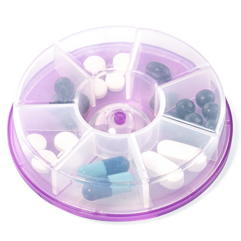 Eco Friendly Portable Rotating Snack Container Round Weekly Pill Organizer 7 Day Dispenser Round Small Plastic Case Devided Box