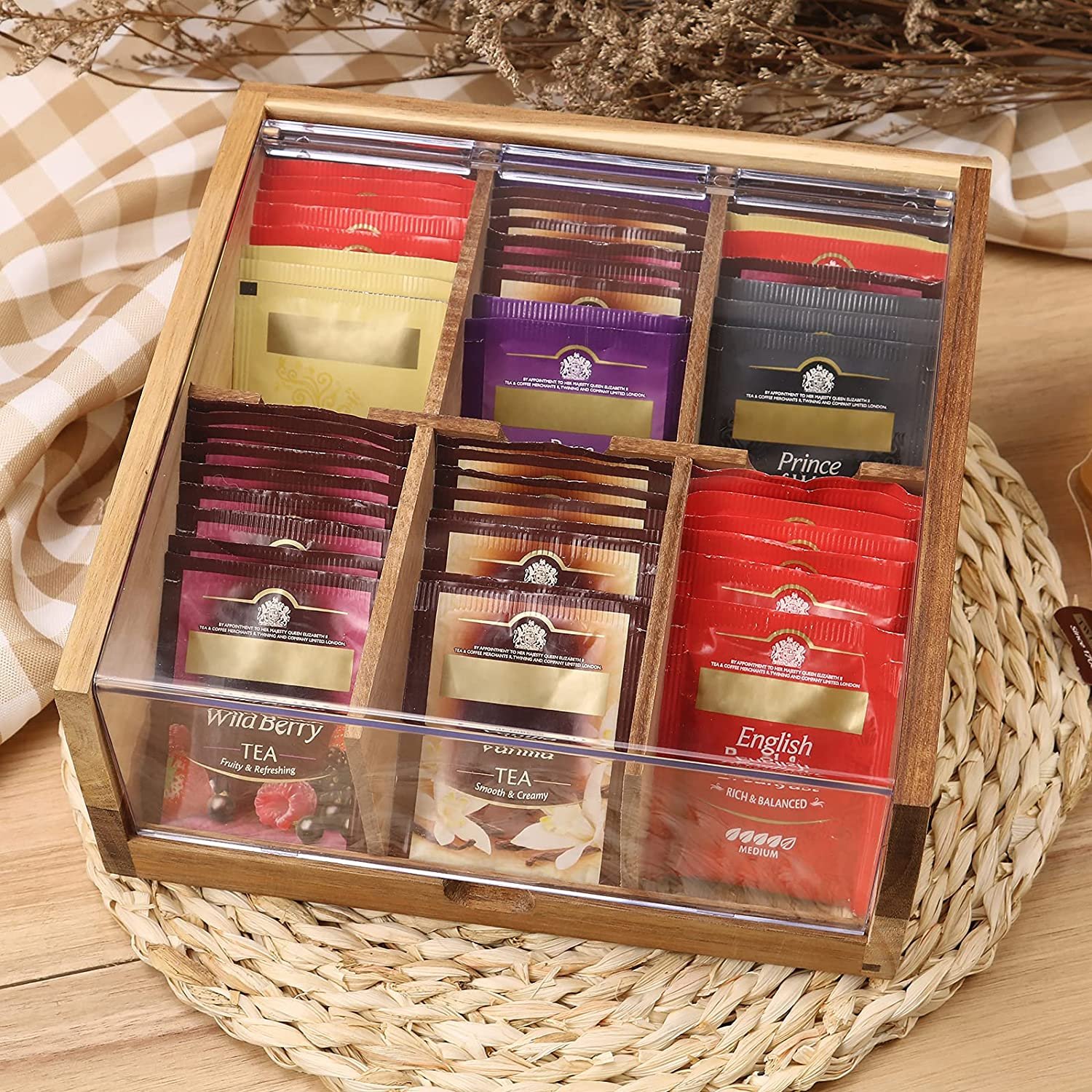 Wholesale Acacia Wood Tea Bag Organizer Storage Tea Bag Box with Acrylic Transparent Hinged Lid,Tea Box 6 Compartments Organizer