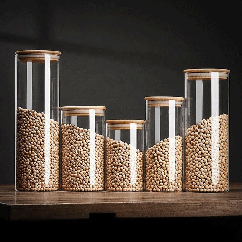 china factory cost supply glass jars for home kitchen food containers with bamboo lid fresh and dry food storage jar with lids