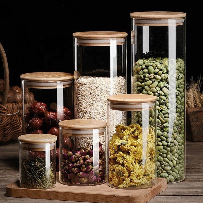 china factory cost supply glass jars for home kitchen food containers with bamboo lid fresh and dry food storage jar with lids