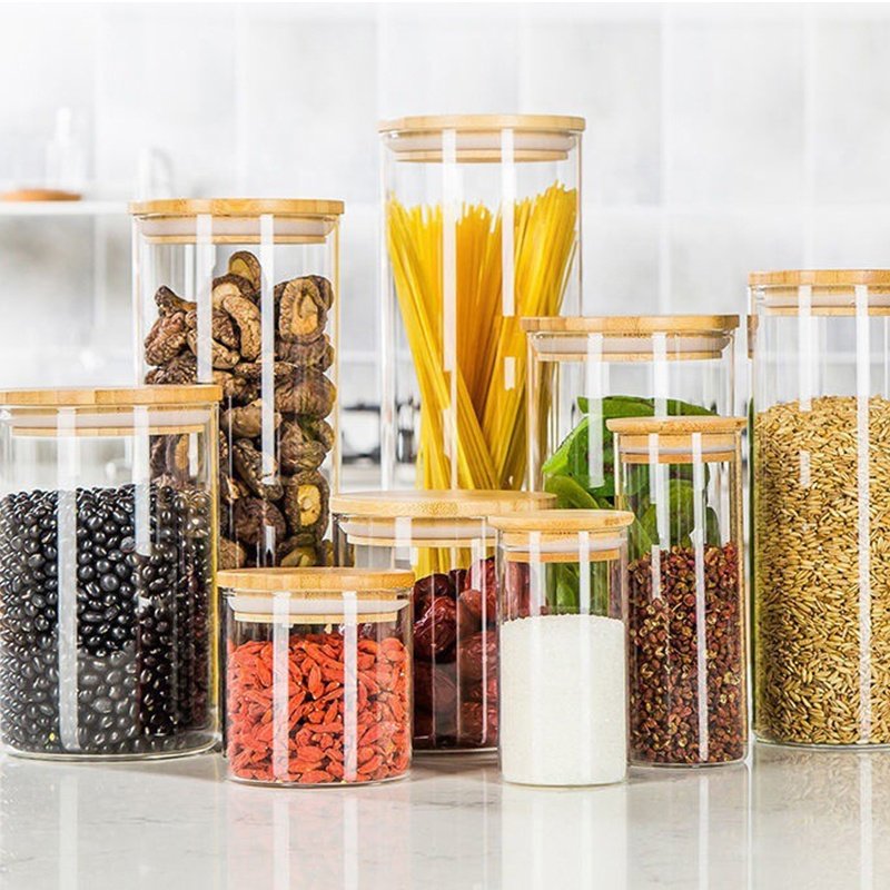 china factory cost supply glass jars for home kitchen food containers with bamboo lid fresh and dry food storage jar with lids