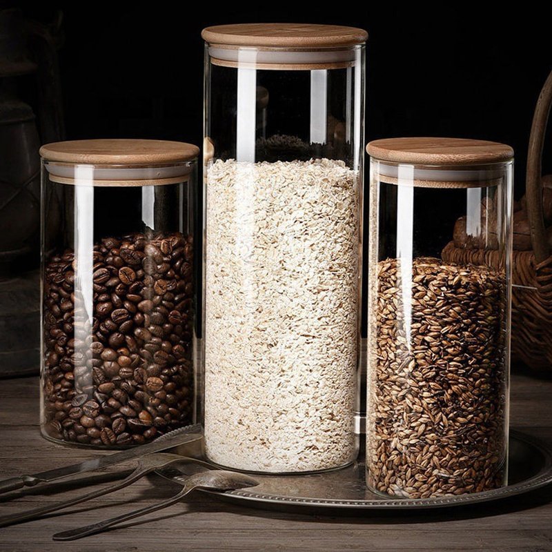 china factory cost supply glass jars for home kitchen food containers with bamboo lid fresh and dry food storage jar with lids