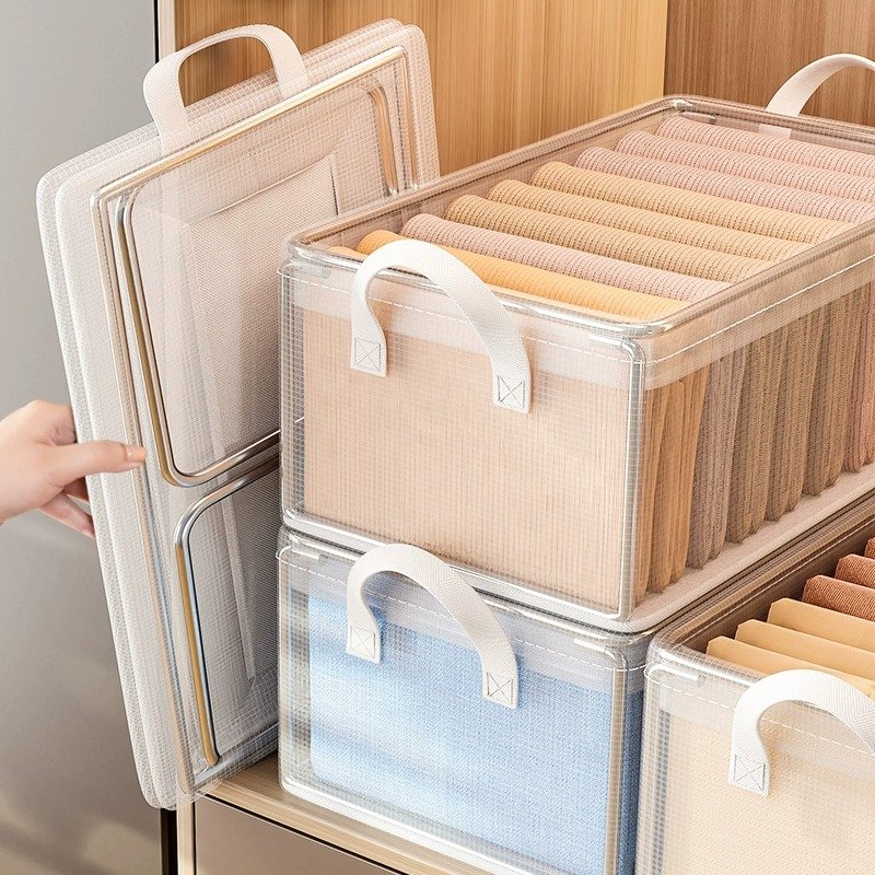 Transparent Visible Clothes Storage Box Household Folding Drawer Type Clothes Wardrobe Layered Steel Frame Storage Box