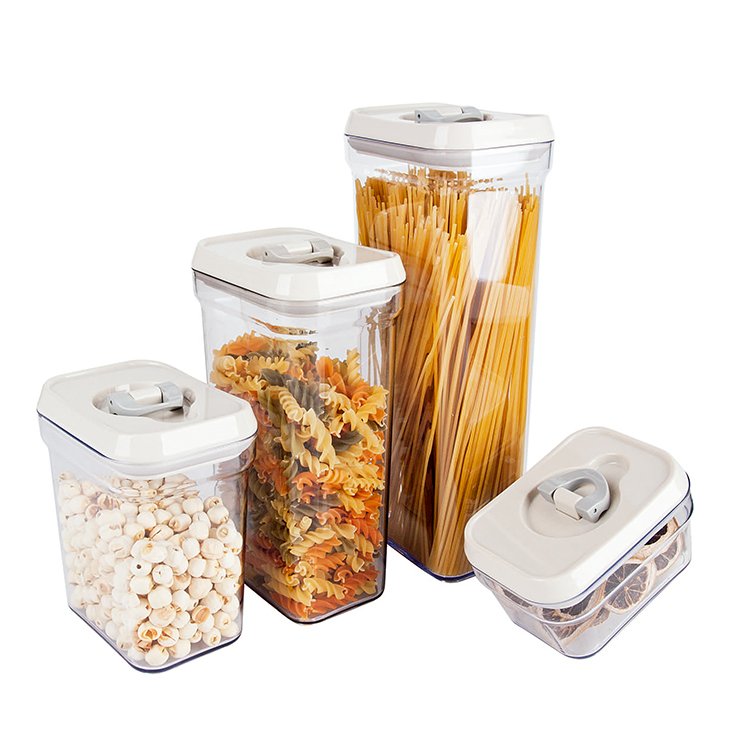 high end design airtight square transparent plastic dry food storage containers box durable jar canister set kitchen