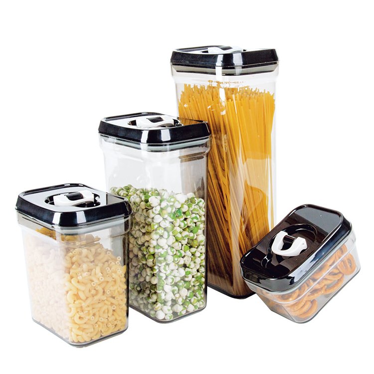 high end design airtight square transparent plastic dry food storage containers box durable jar canister set kitchen