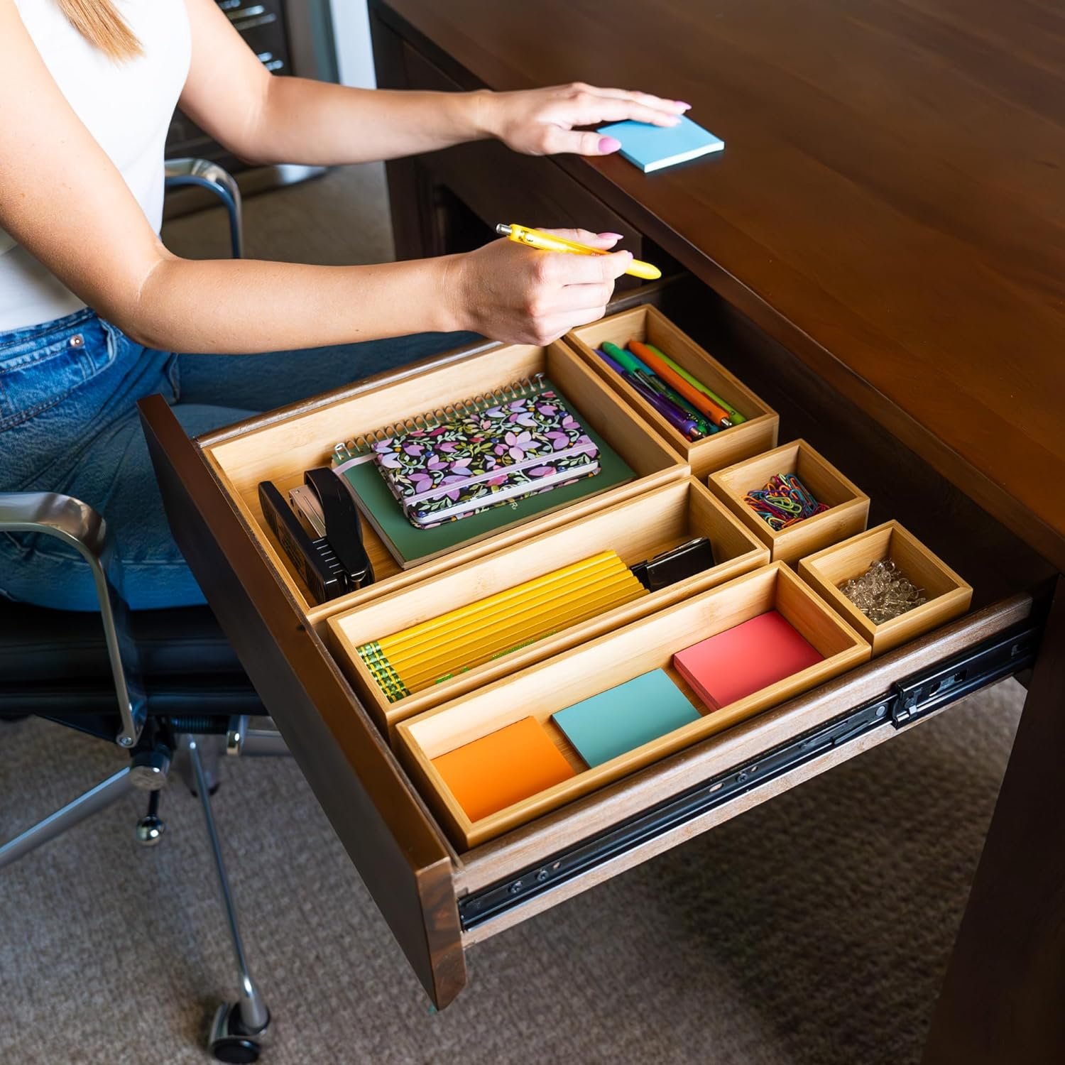 MultiUse Drawer Organizer Set Bamboo Storage Box Drawer Organizer Set Wooden Desk Storage Box