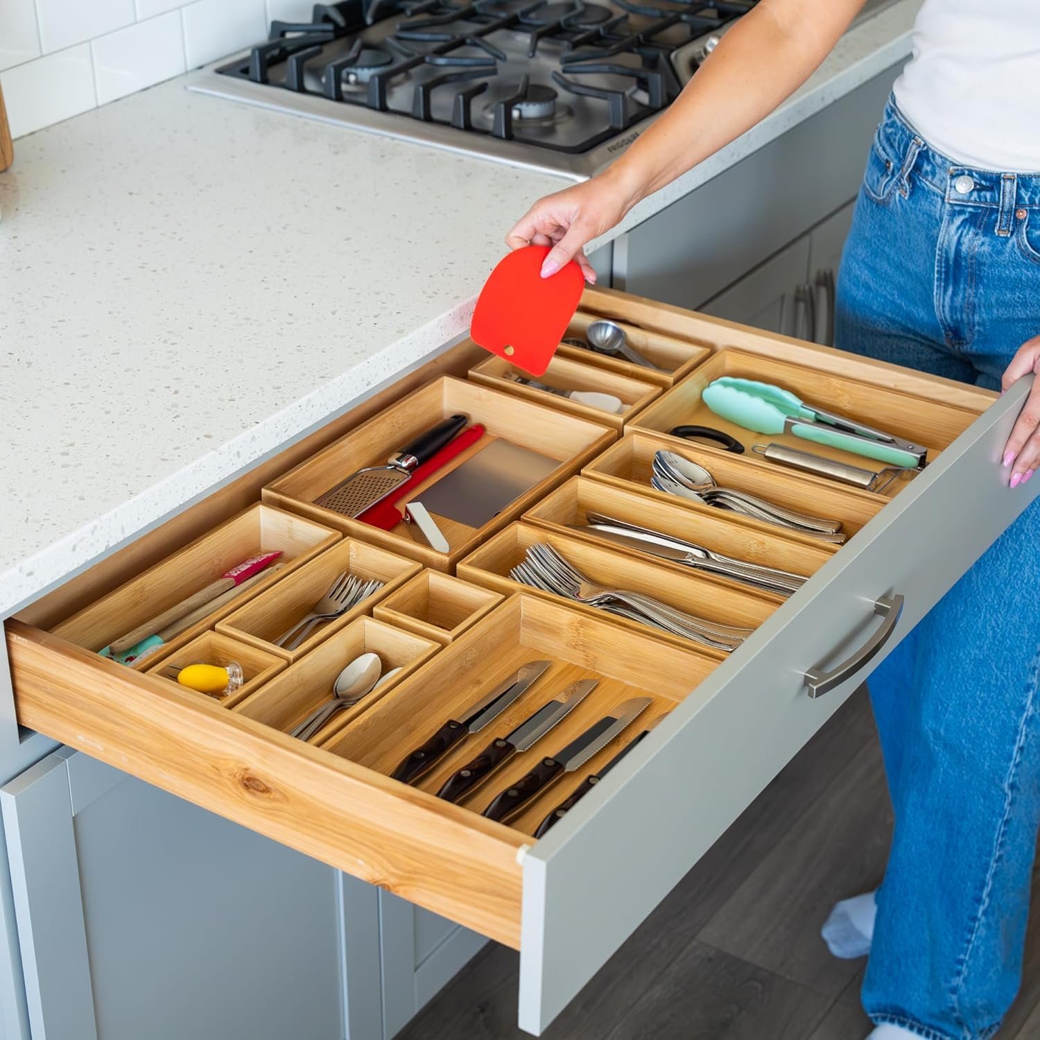MultiUse Drawer Organizer Set Bamboo Storage Box Drawer Organizer Set Wooden Desk Storage Box