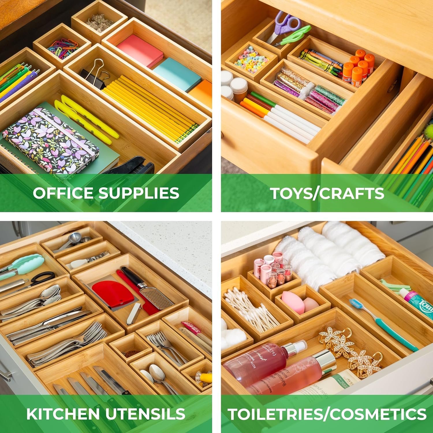 MultiUse Drawer Organizer Set Bamboo Storage Box Drawer Organizer Set Wooden Desk Storage Box