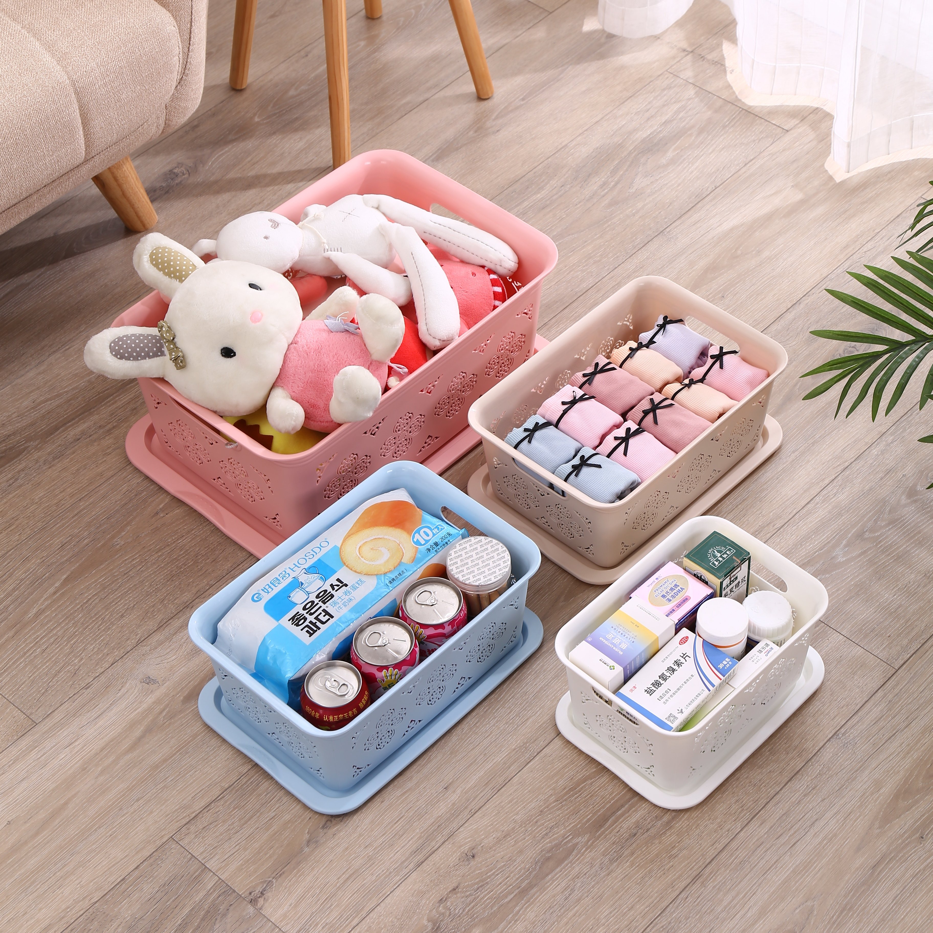 Stackable storage organizer storage basket cloth organizer rattan basket closet organizer plastic storage box with lid
