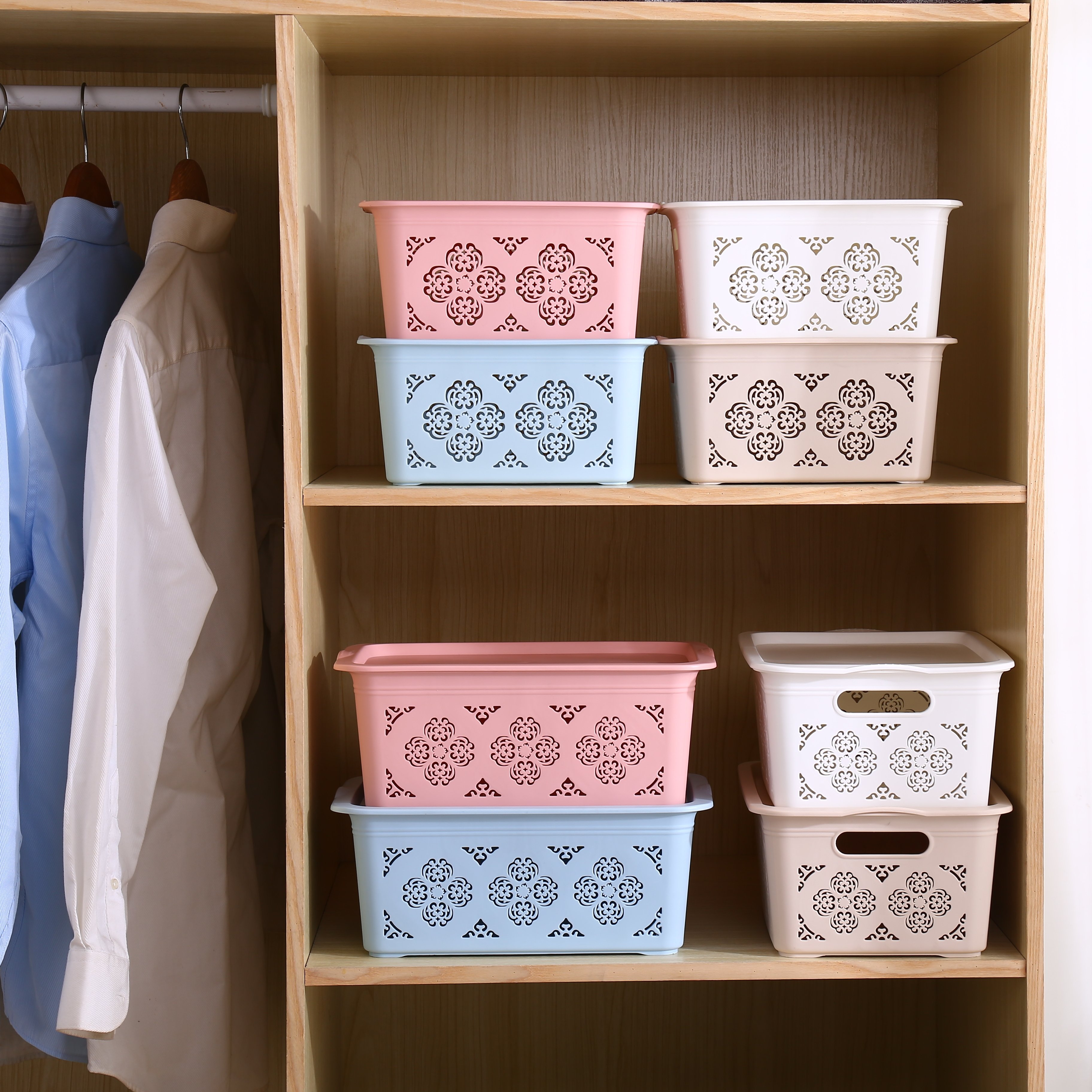 Stackable storage organizer storage basket cloth organizer rattan basket closet organizer plastic storage box with lid