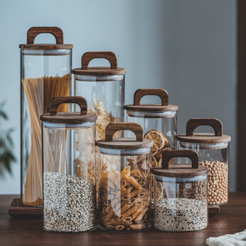 Airtight Acacia Lid Borosilicate Glass Spice Jar Clear Factory Food Storage Container jar with Lid for Kitchen Spice Srorage