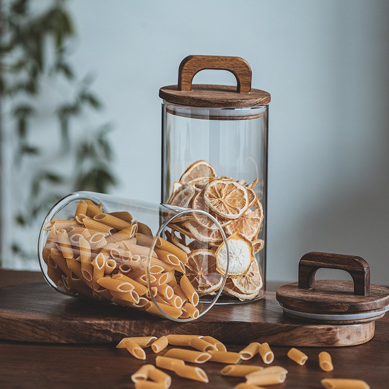 Airtight Acacia Lid Borosilicate Glass Spice Jar Clear Factory Food Storage Container jar with Lid for Kitchen Spice Srorage