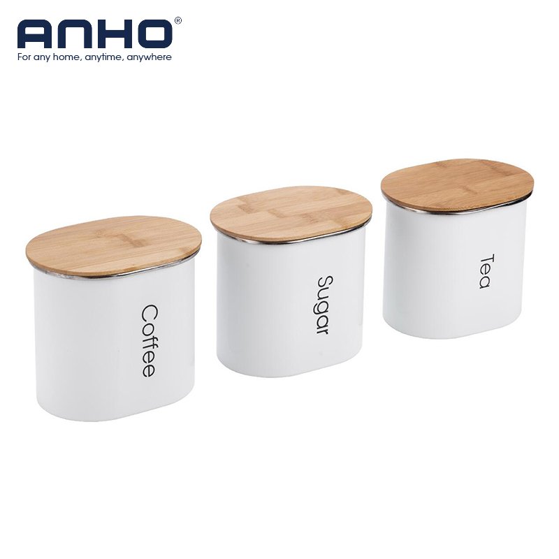 Metal Containers with Wood Lids, Coffee, Tea, Sugar (Set of 3) Food Storage Bin Canisters Can Container