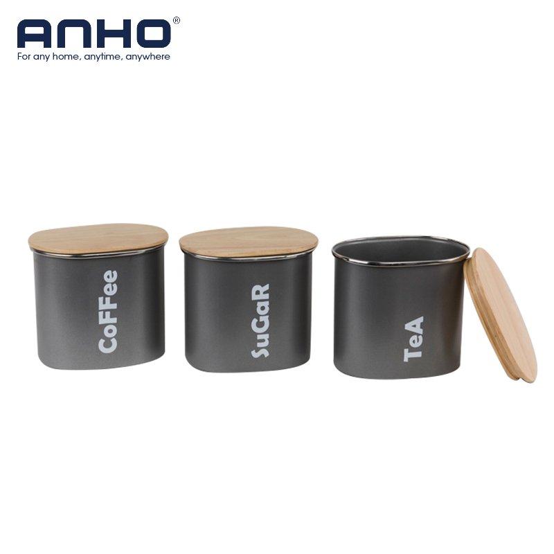Metal Containers with Wood Lids, Coffee, Tea, Sugar (Set of 3) Food Storage Bin Canisters Can Container