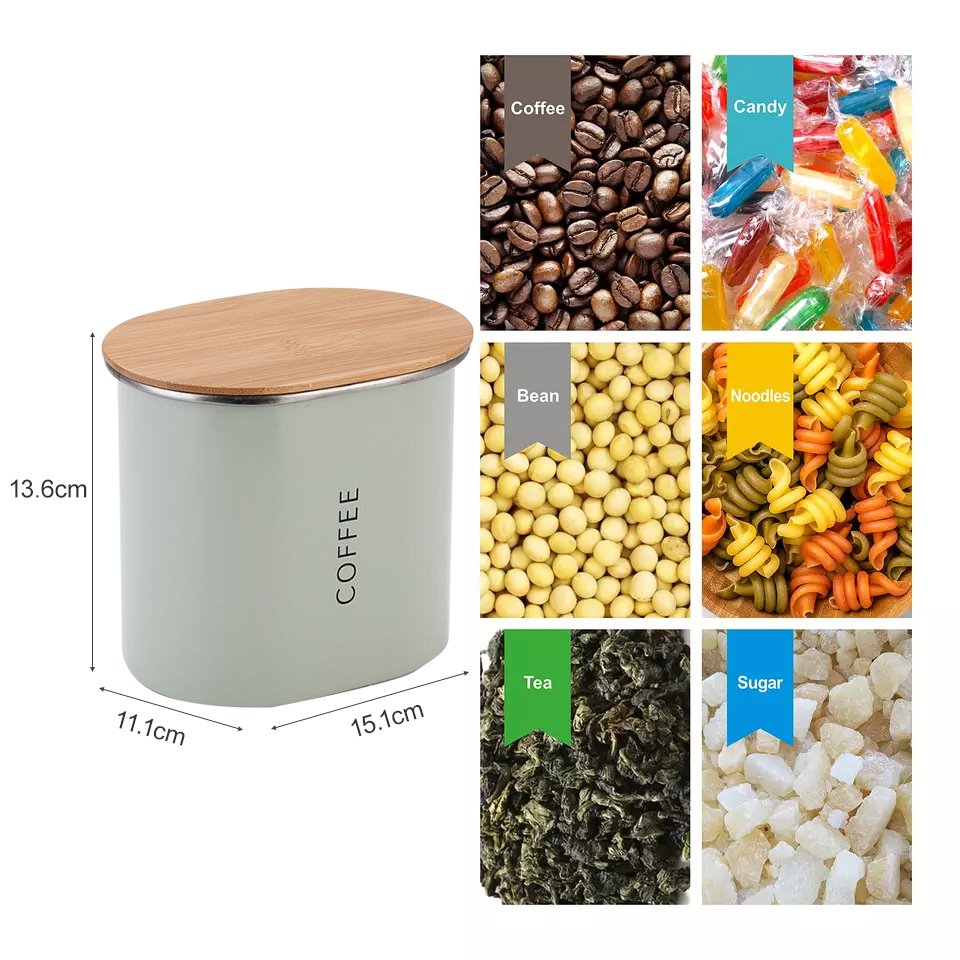 Metal Containers with Wood Lids, Coffee, Tea, Sugar (Set of 3) Food Storage Bin Canisters Can Container