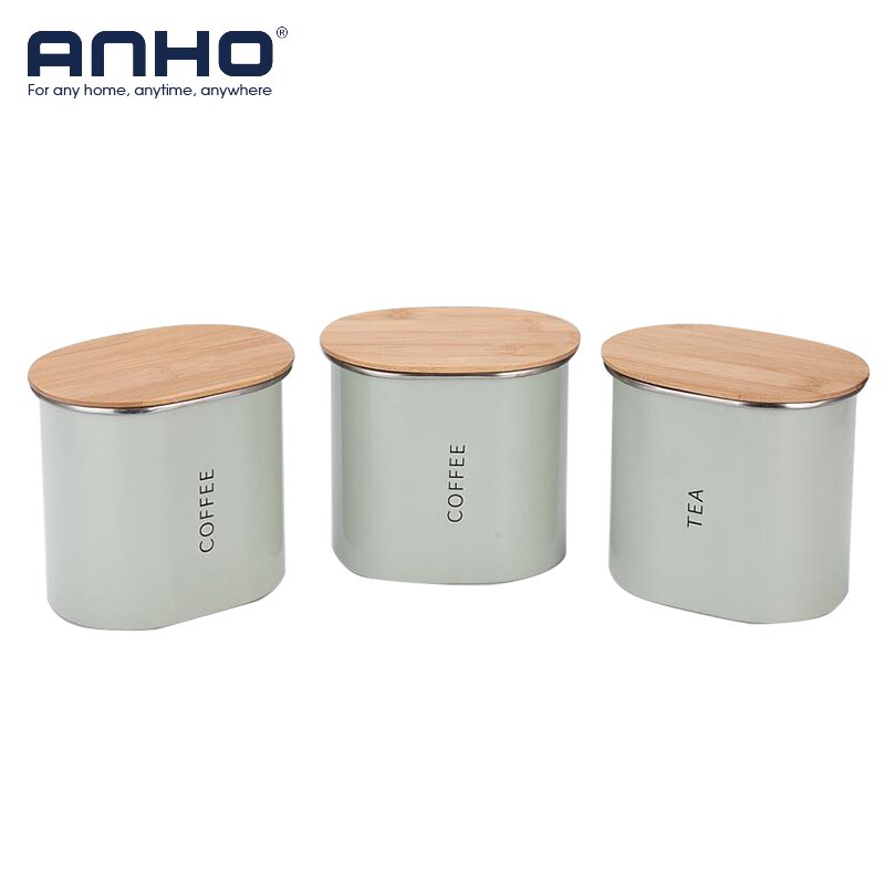 Metal Containers with Wood Lids, Coffee, Tea, Sugar (Set of 3) Food Storage Bin Canisters Can Container
