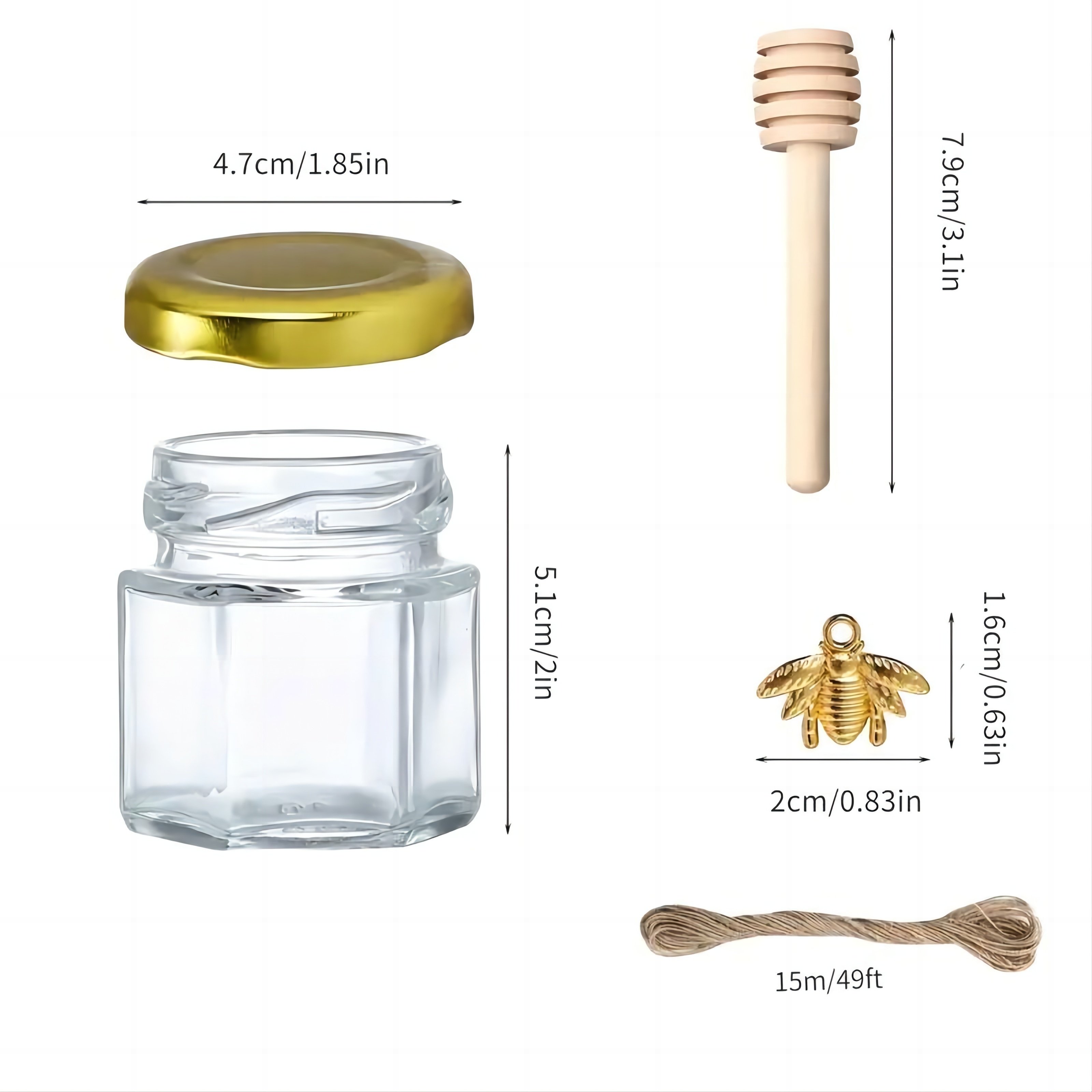. YOLOWE HOME 30pcs/1.5 oz Hexagonal Mini Glass Honey Jar Wooden Spoon Gold Lid Wedding Party Favor Bee Pendant Storage Bottle