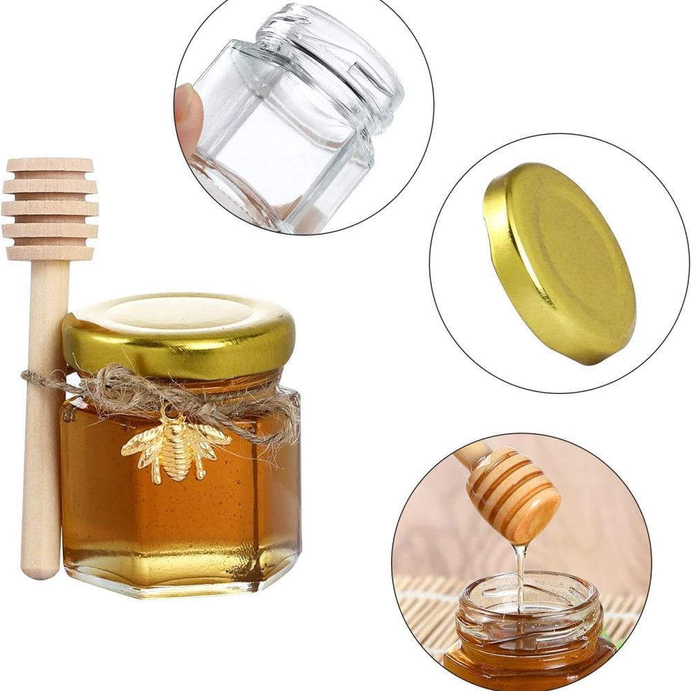 . YOLOWE HOME 30pcs/1.5 oz Hexagonal Mini Glass Honey Jar Wooden Spoon Gold Lid Wedding Party Favor Bee Pendant Storage Bottle